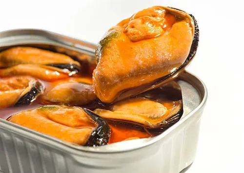 detail of canned mussels